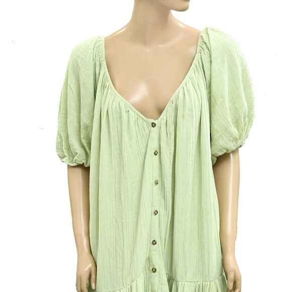 Free People Buttondown Short Sleeve Gauge Tiered Long Maxi Dress Cotton L 280438 - Picture 2 of 6